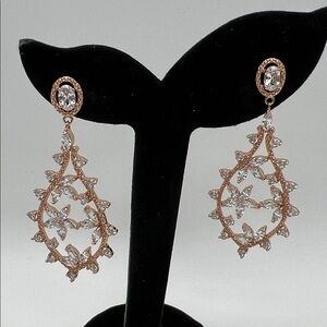 Rose-Gold-Tone Floral Rhinestone Teardrop Dangle Earrings, Like New